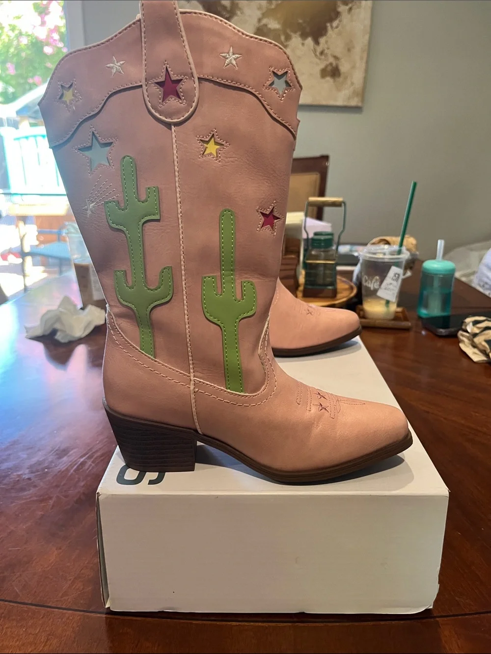 Dream Pairs Pink Kids Cowboy Boots with Green Cactus Appliqués